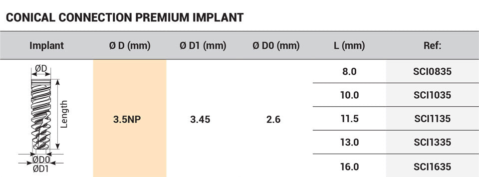 DSI Premium Spiral Implant NP Platform 3.5mm - Conical Connection
